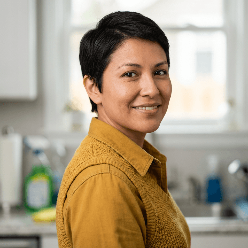 Female client in her mid 30s with clear skin smiling softly
