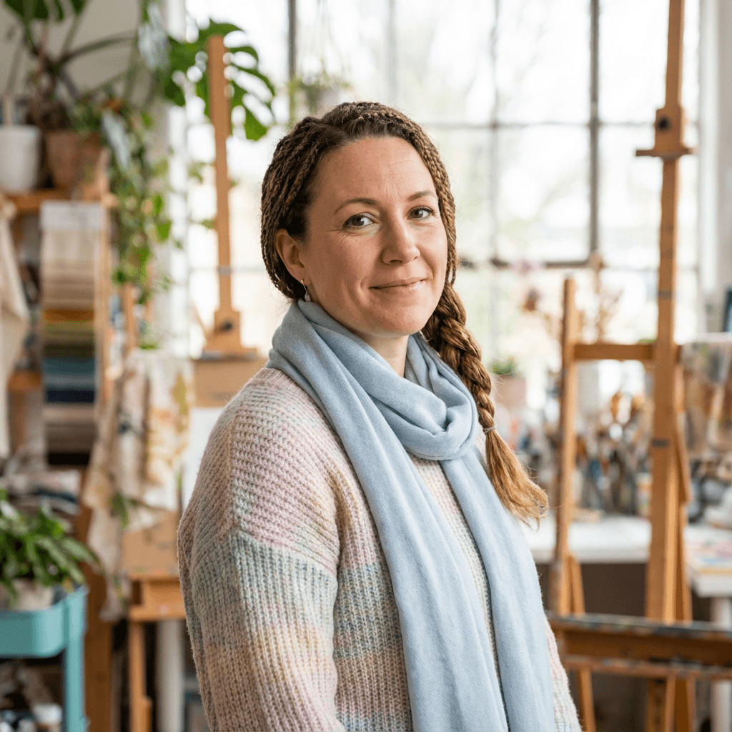 Portrait of a woman in her early 30s with a natural look