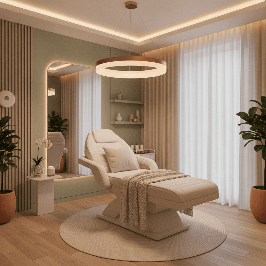 Aesthetic clinic interior with treatment bed and soft lighting