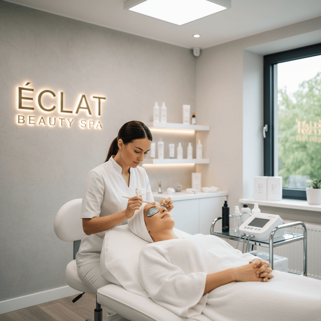Cosmetologist performing facial treatment on client in modern beauty clinic
