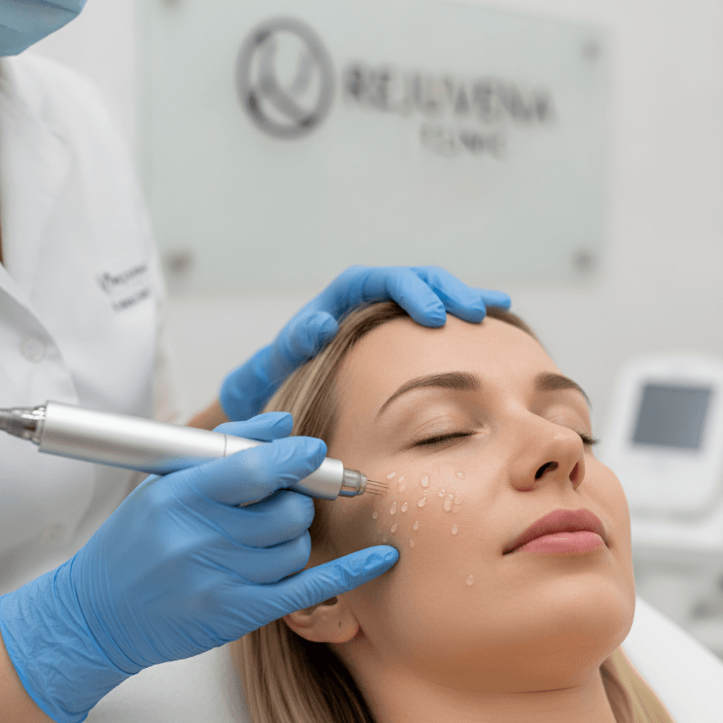 Close up of needle mesotherapy treatment on woman face in clean clinic
