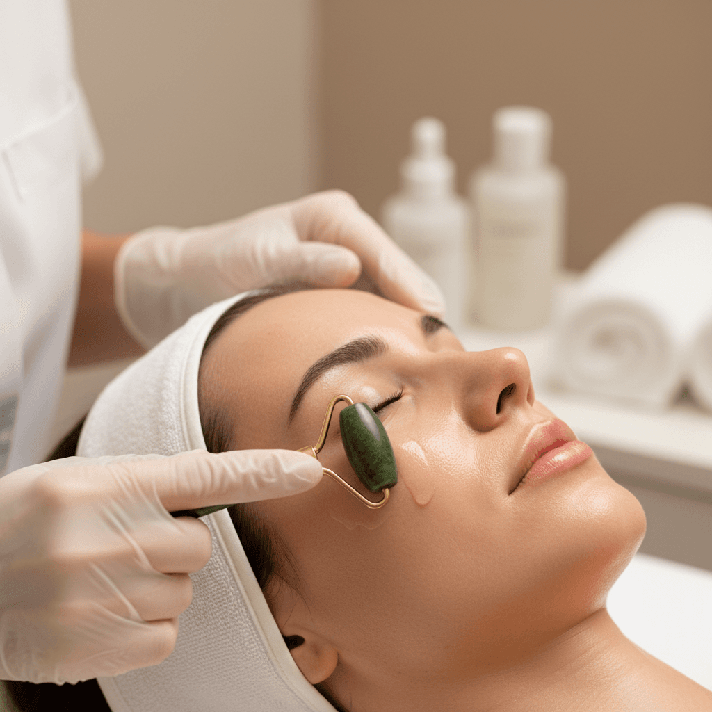 Professional applying serum to patient's cheek in bright beauty treatment room