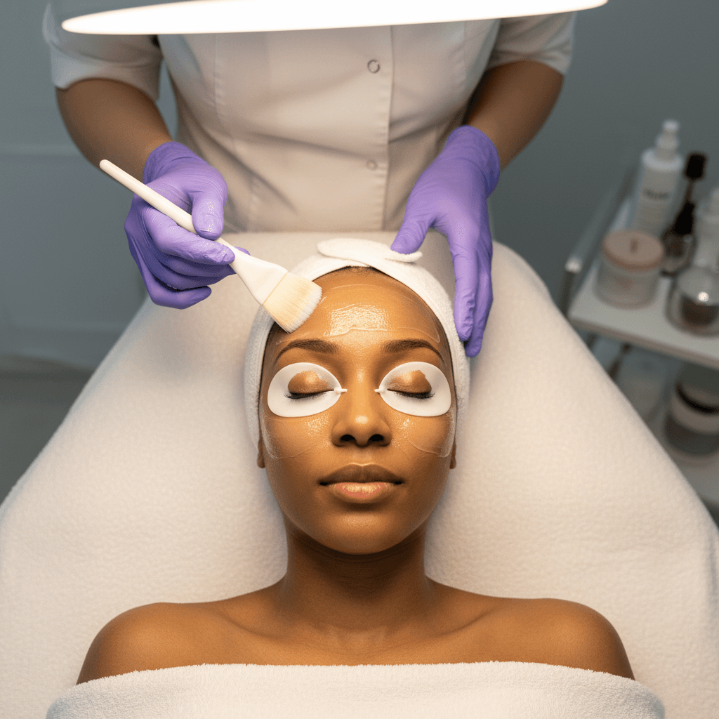 Aesthetician applying chemical peel with brush to woman's face in modern clinic