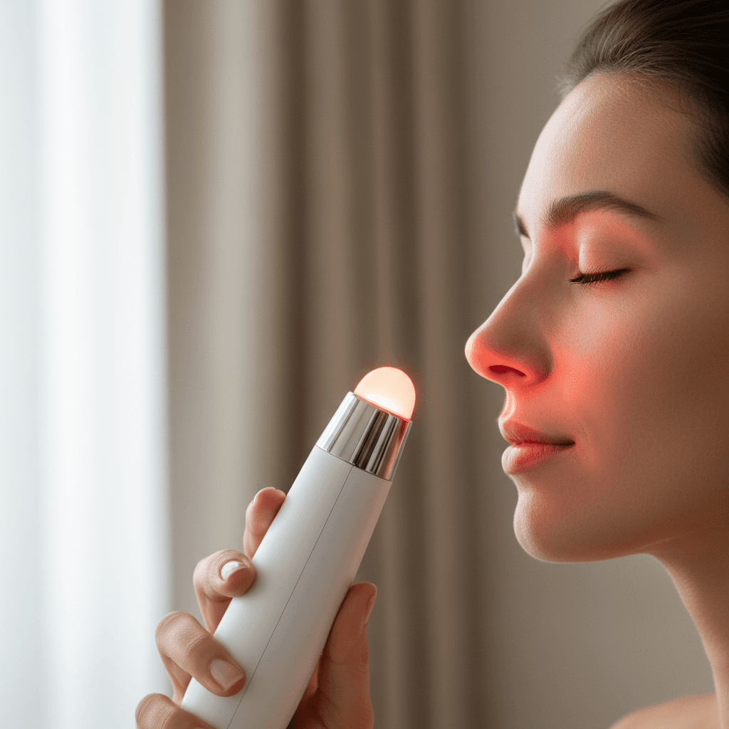 Cosmetologist applying blue light therapy to a client's face in a modern clinic
