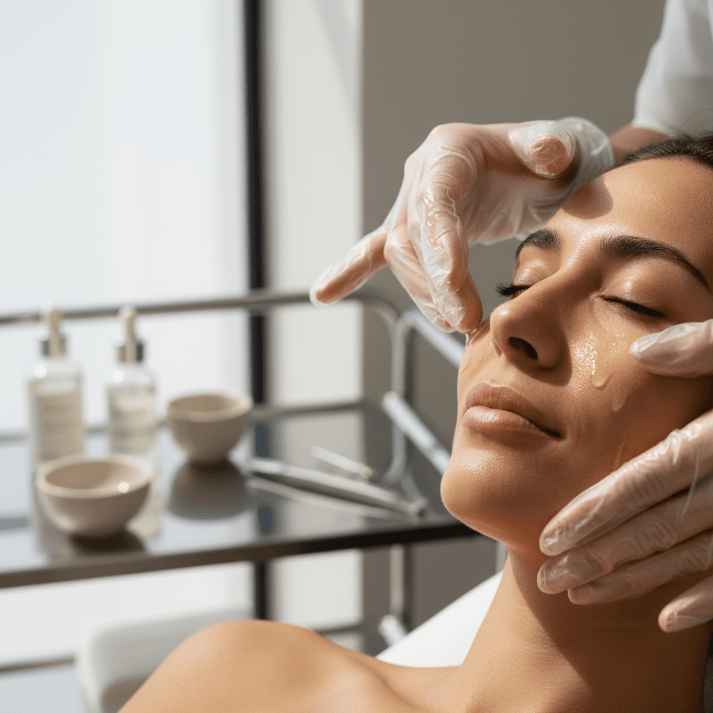 Skincare professional applying luminous serum to client's face during relaxing facial treatment in bright clinical room
